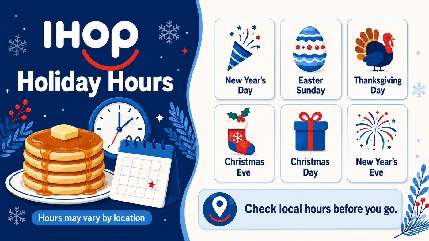 IHOP Holiday Hours graphic listing New Year's Day, Easter, Thanksgiving, Christmas Eve, Christmas Day and New Year's Eve